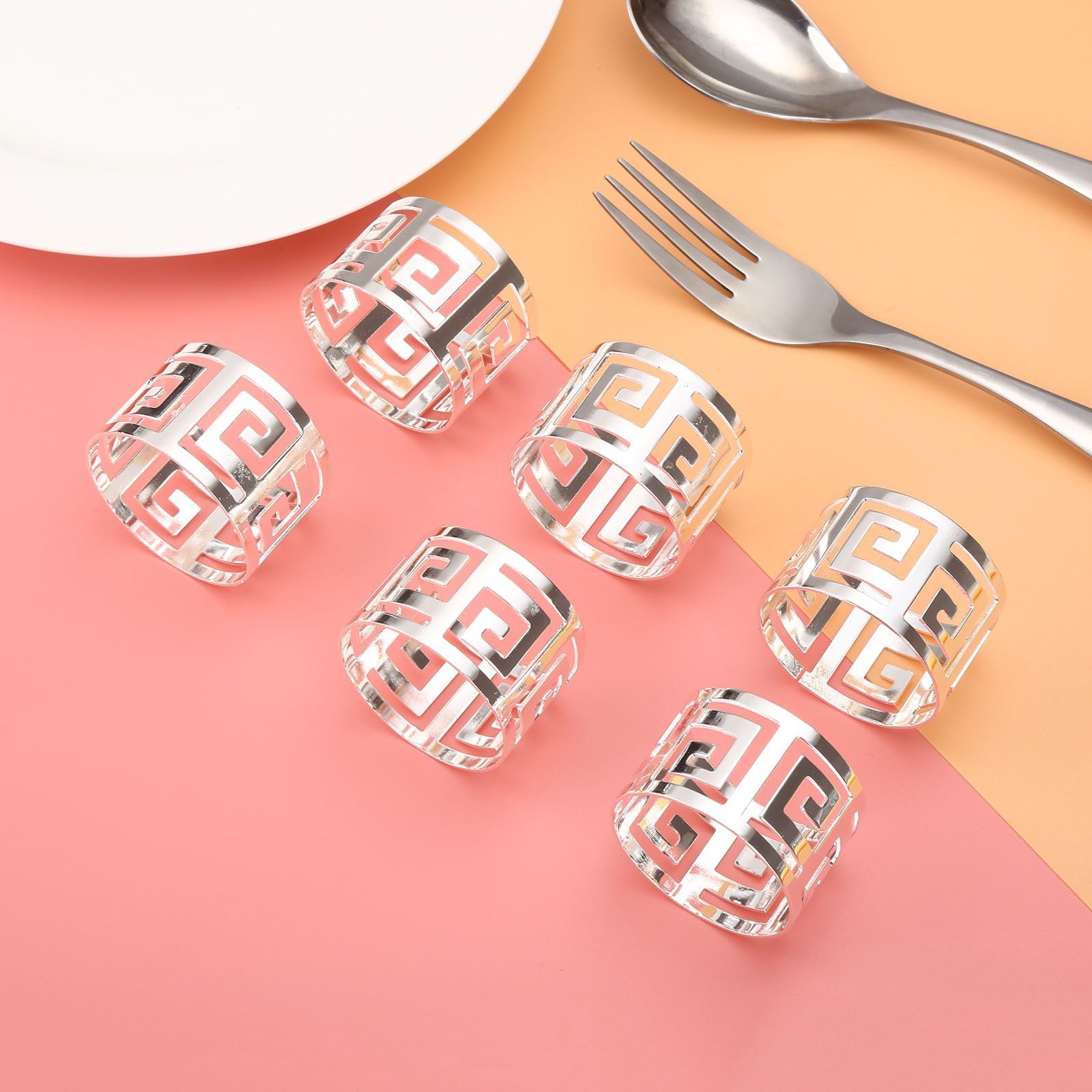 6PCS Hollow Out Napkin Ring Holder, Silver Circle Serviette Buckles for Holiday Party Wedding Banquet Household Festival Decor — image 4