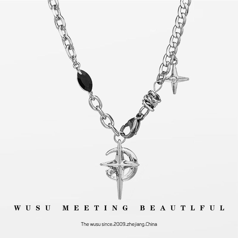 Gothic Cross & North Star Dual-Pendant Splicing Necklace for Men and Women - Titanium Steel Iced Out Cuban Link Chain with Black Gemstone Accents — image 3
