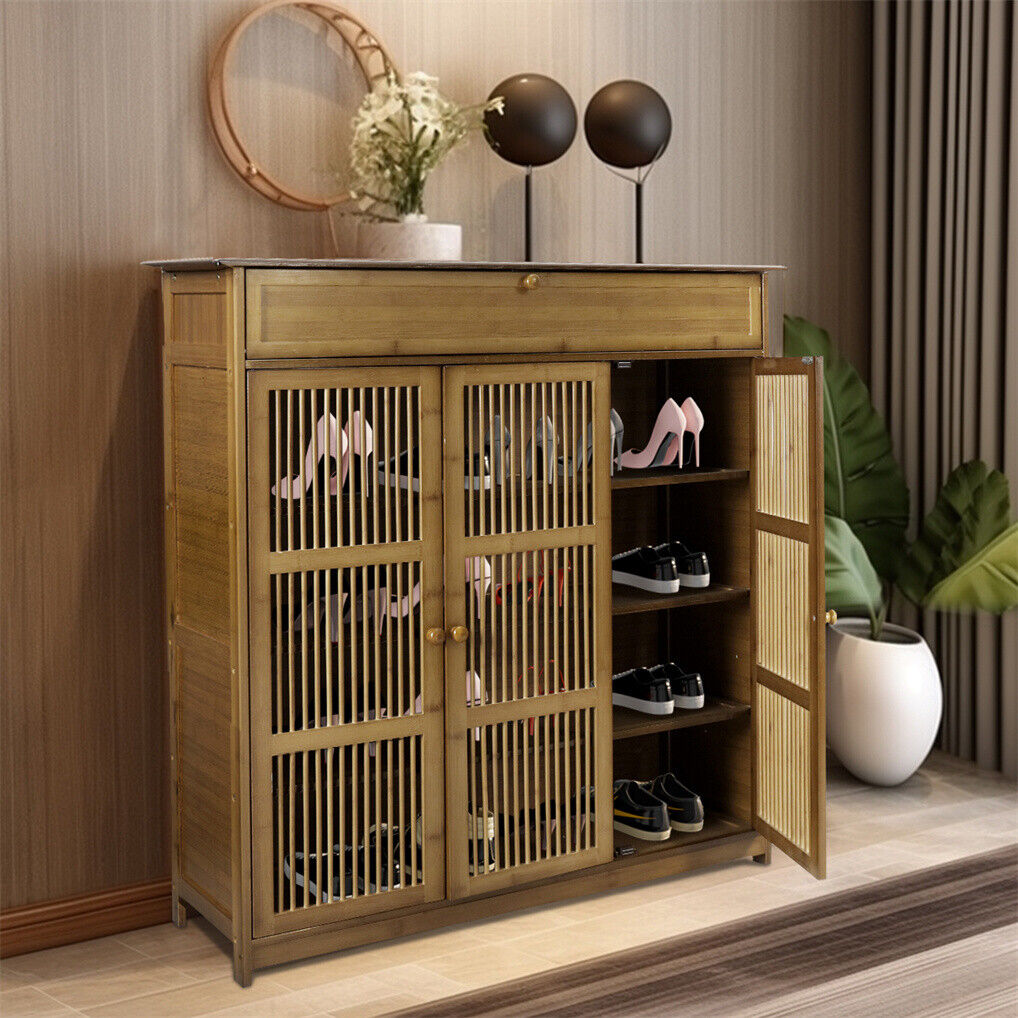 Wooden Shoe Rack XL 4 Tier 3 Doors Drawers Shelves Cabinet Organizer — image 3