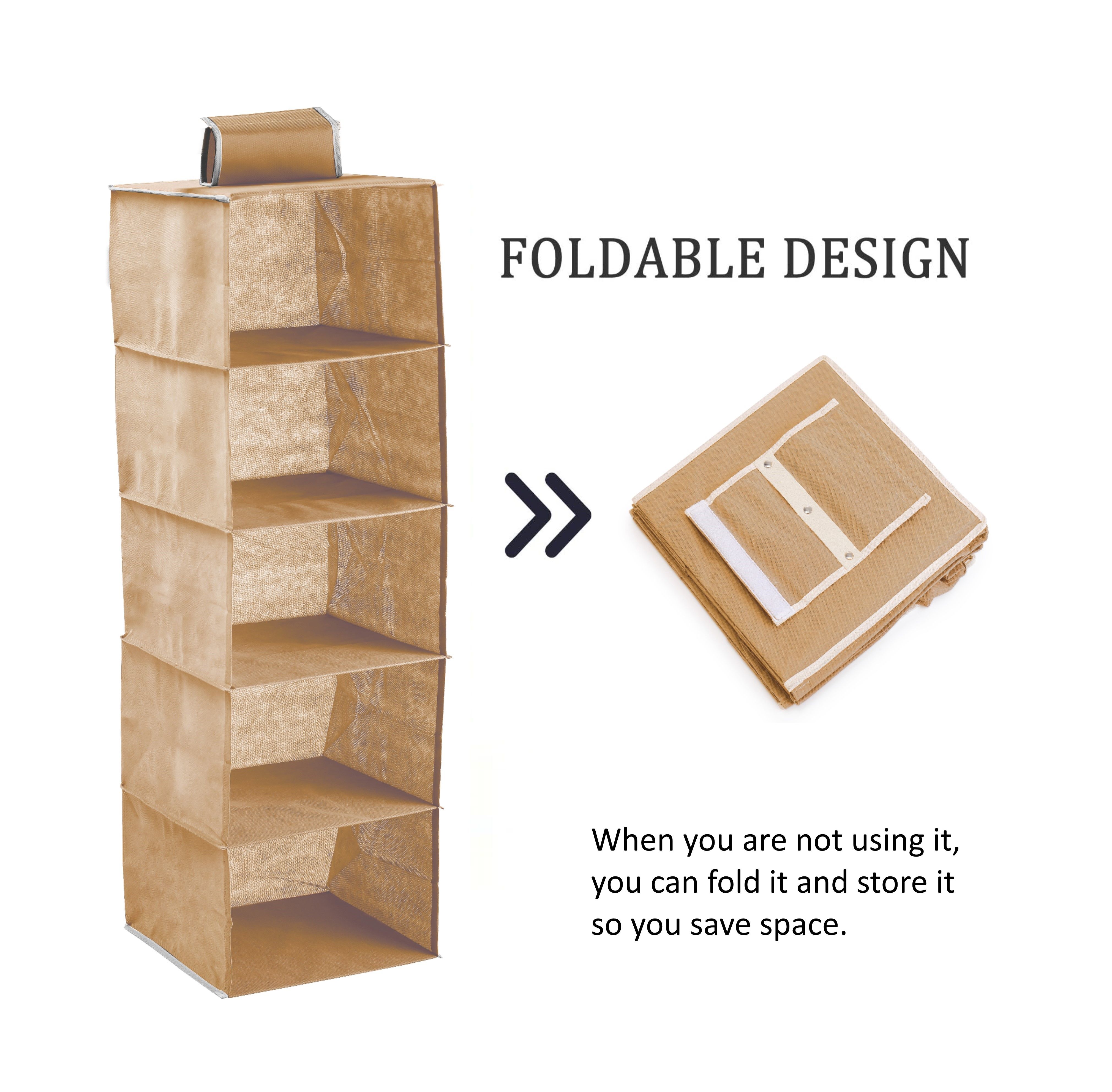 5 Tier Shelf Hanging Closet Organizer and Storage for Clothes (Beige) — image 3