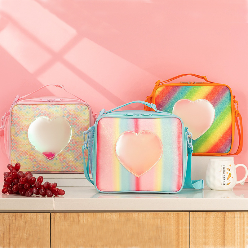 Orange Sparkling Rainbow Heart Insulated Lunch Bag for Kids - Portable School Lunch Box with Shoulder Strap — image 2