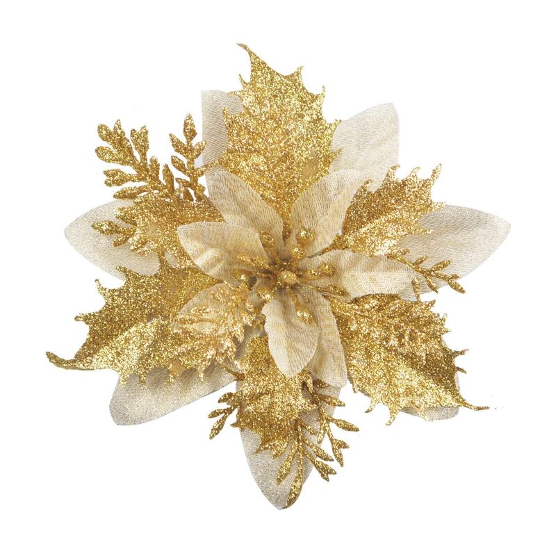 12 pcs Glitter Christmas Flowers (15Cm) With 12 pcs Artificial Poinsettia For Christmas Tree(Gold)