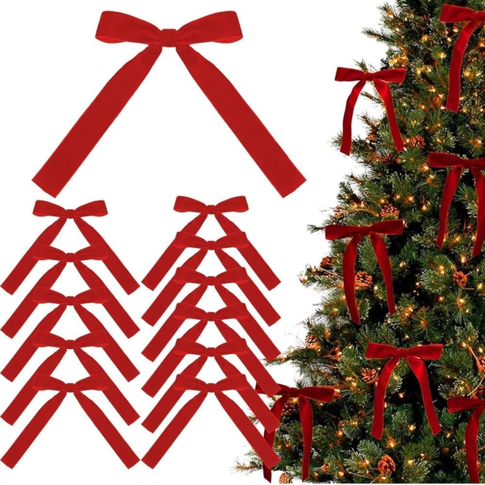 12 Christmas Bows Velvet Tree Decorations, Red