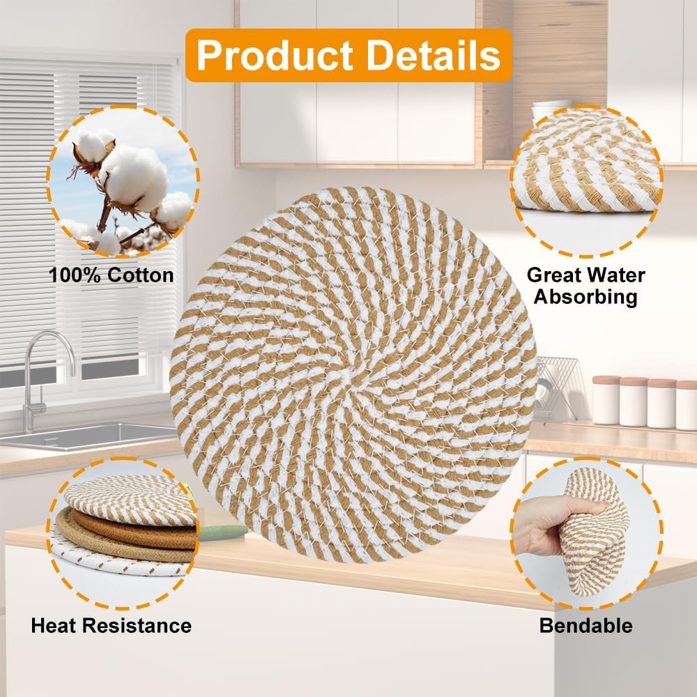 4 Pack Woven Cotton Coasters, Heat Resistant Round Drink Mats for Coffee Cups, Mugs and Dining Tables, 11 cm, Brown, White and Beige — image 2