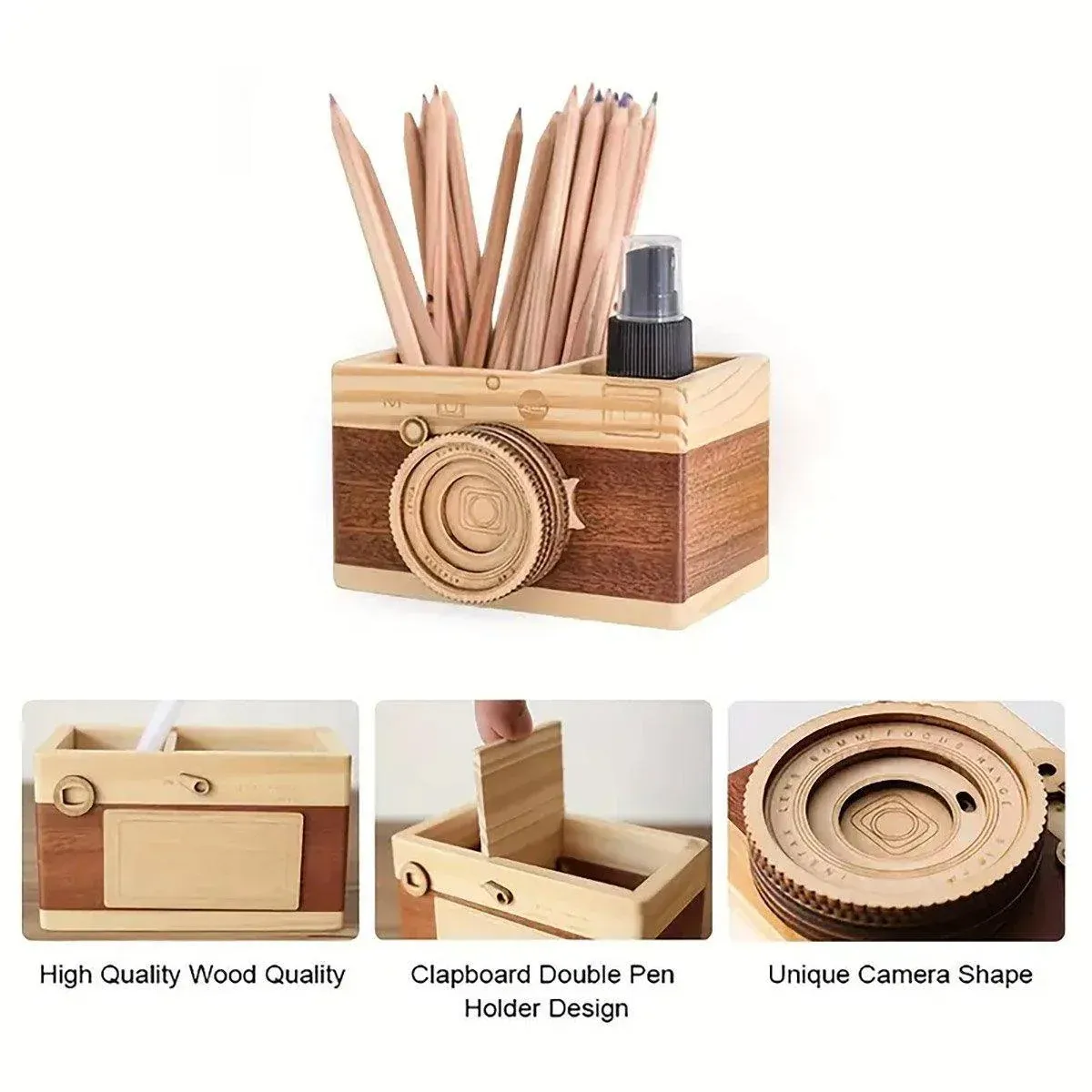 Vintage Wooden Camera Pen Holder Handmade Retro Gift Box Graduation Souvenir — image 6