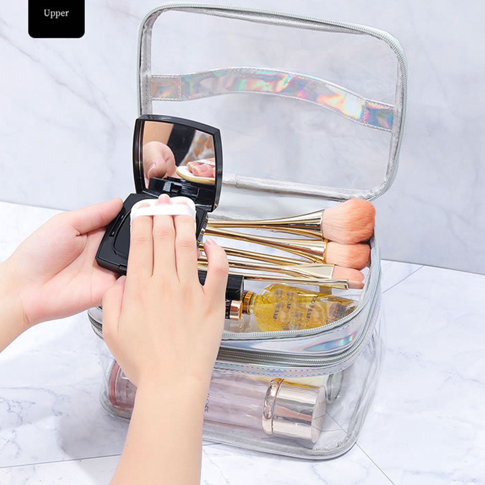 Ladies Cosmetic Bag Transparent Double Layer Waterproof High Capacity Toiletry Storage Bag for Travel Pink — image 4