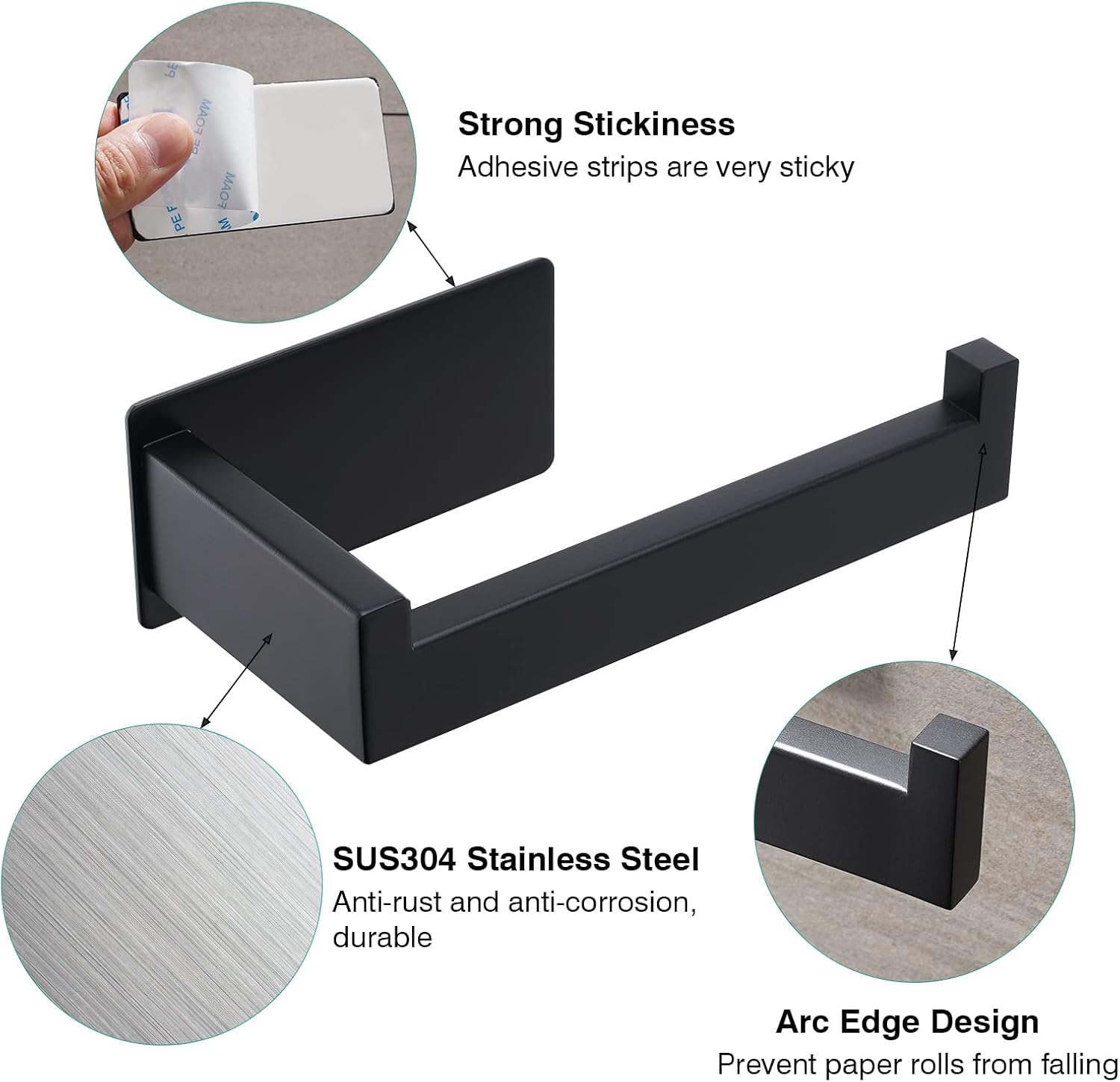 Toilet Paper Holder, Adhesive Toilet Paper Roll Holder, SUS304 Stainless Steel Rustproof Wall for Bathroom, Kitchen and Washroom, Black — image 5