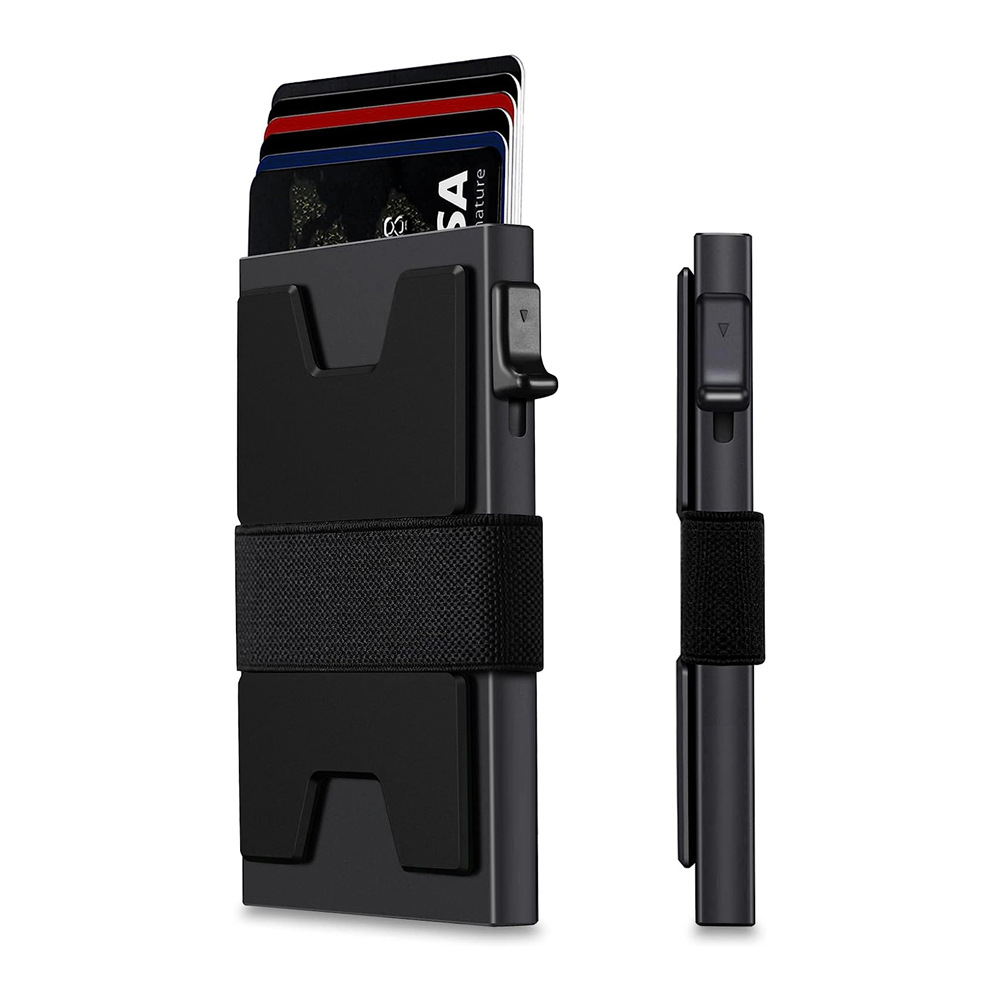 2-Pack Black Metal Thin Slim Men Women Pop Up Wallet (10.1 x 6.9 x 1.7 cm) - RFID Anti-theft Card Holder with box