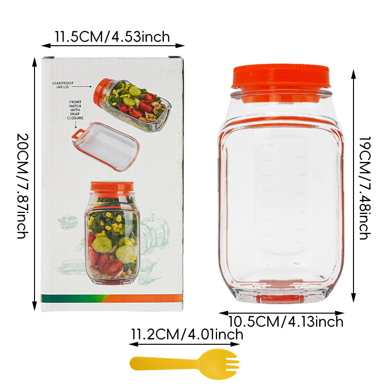 2-Pack(Green&Orange) Portable All-in-One Side-Opening Salad Container Jar with Fork(10.5x19CM) - Plastic Layered Meal Storage Cup for Kitchen & On-the-Go โ image 3