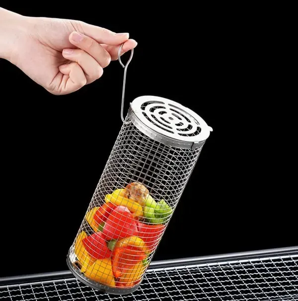 2 Pack Stainless Steel Rolling Grill Baskets with Hooks and Forks for Vegetables, Seafood, Camping and Home BBQ, Silver, 31 cm and 21 cm — image 5