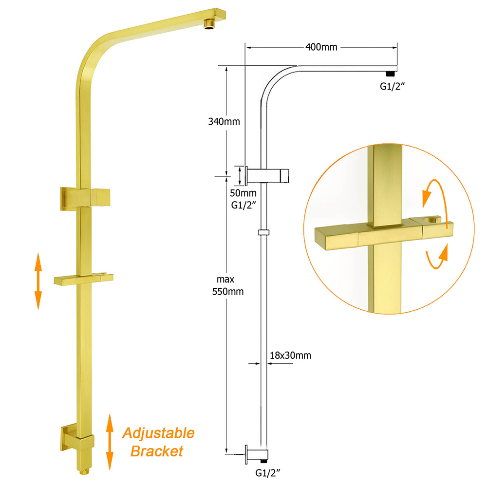 WELS Brushed Gold 2in1 Set 8" Square Rain Shower Head 3 Modes Handheld Silde Rail Arm + Mixer — image 3