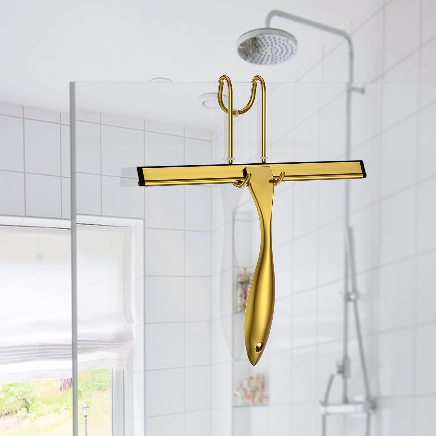 Shower Squeegee and Window Squeegee, Stainless Steel, Cleaner for Bathroom Showers Glass Doors, Home Mirrors, Car Windows Wiper, 10 Inch, Gold — image 2