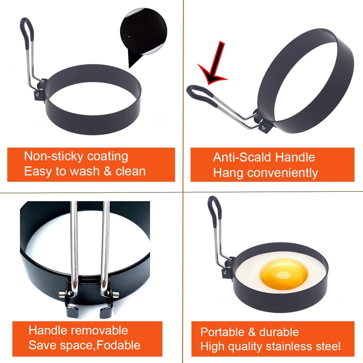 Egg Ring, 4 Packs Upgrade Large 4" Stainless Steel Non-stick Rings for Griddle Frying, Round Cooker for Pancakes, Muffins With Oil Brush and Separator — image 4