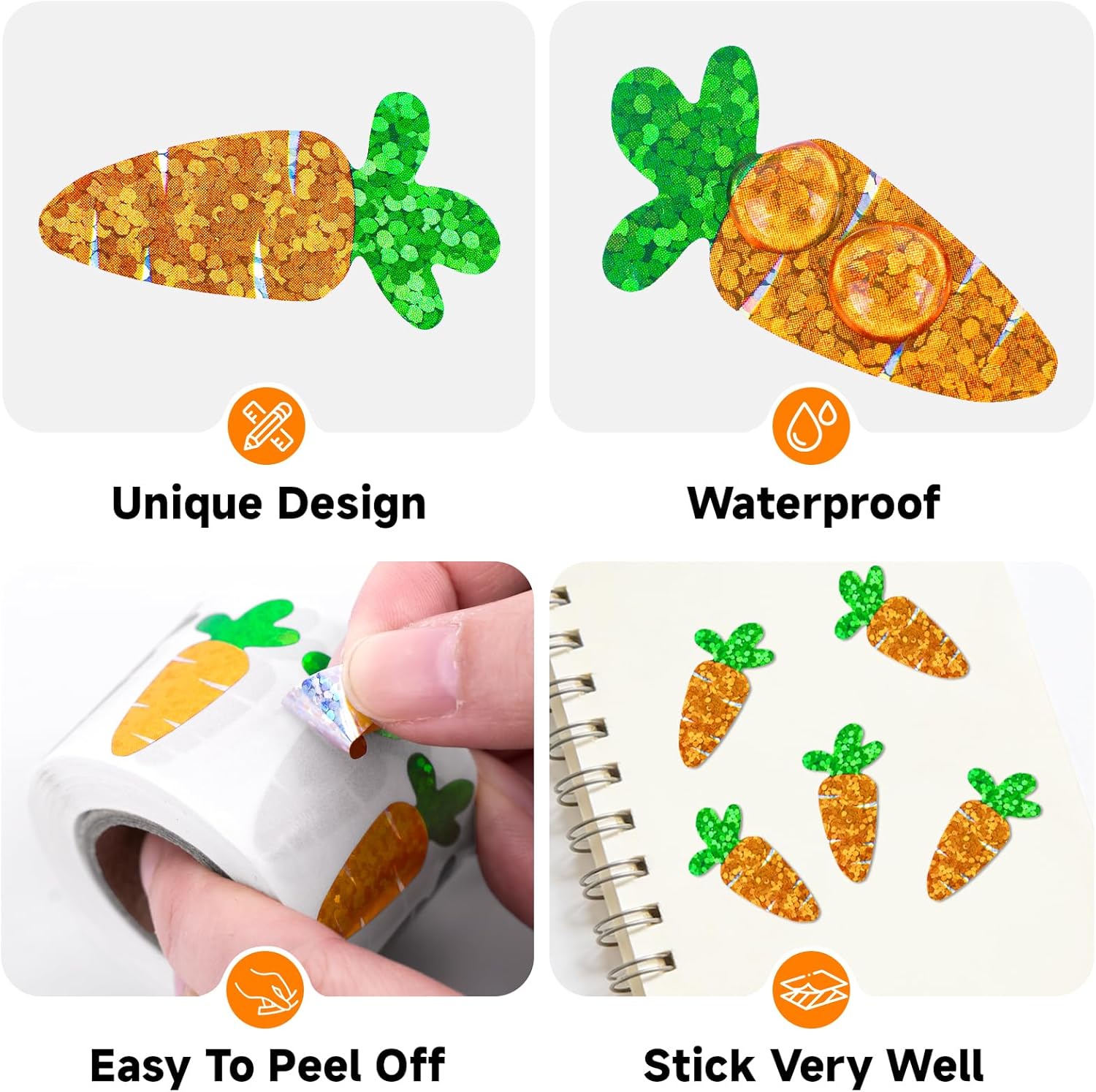 Easter Carrot Stickers - 500Pcs 1.2 × 0.4'' Carrot Shape Stickers Holographic Carrots Sticker Roll Self Adhesive Happy Easter Sticker for Egg Basket Envelope — image 3