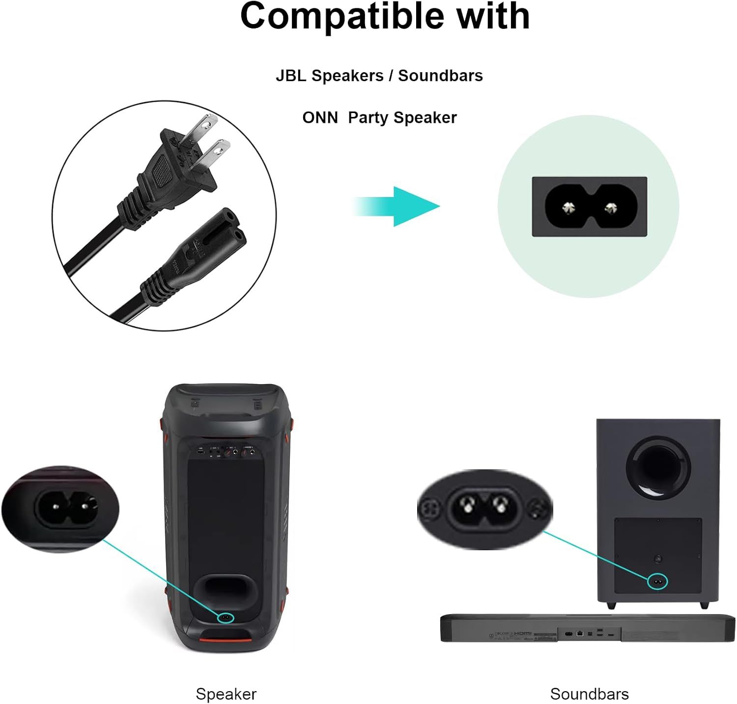 Power Cord for JBL PartyBox 100 110 200 300 310 710 1000 On-The-Go Speaker, ONN Party Speaker, JBL Soundbar 2 Prong Power Cable Replacement โ image 2