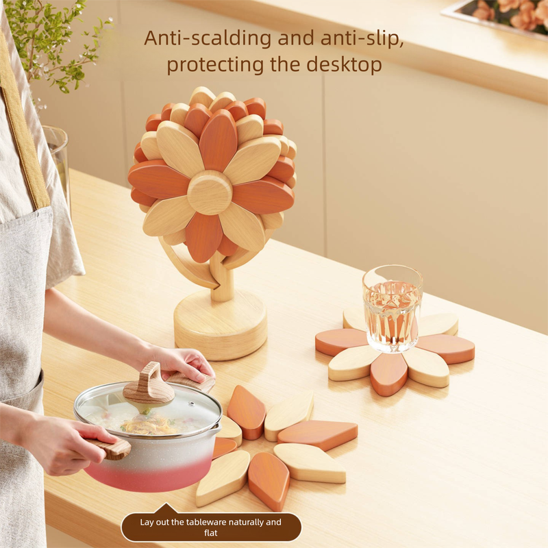 5-Piece Floral-Shaped Trivet Set with Stand – Wooden Heat Resistant Pad for Table, Dish, Pot or Cup(Walnut and beech two-tone) — image 5