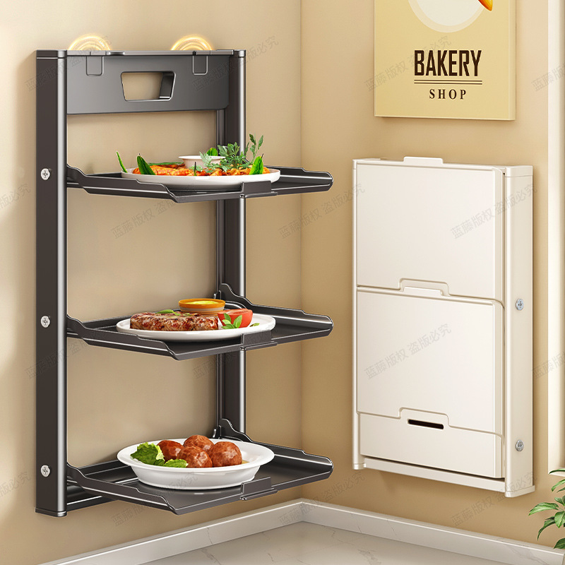 3-Tier Folding Kitchen Storage Rack for Plates, Snacks and Serving Dishes, Space-Saving Organiser for Benchtops, 3 Tiers, Dark Grey and Grey — image 3