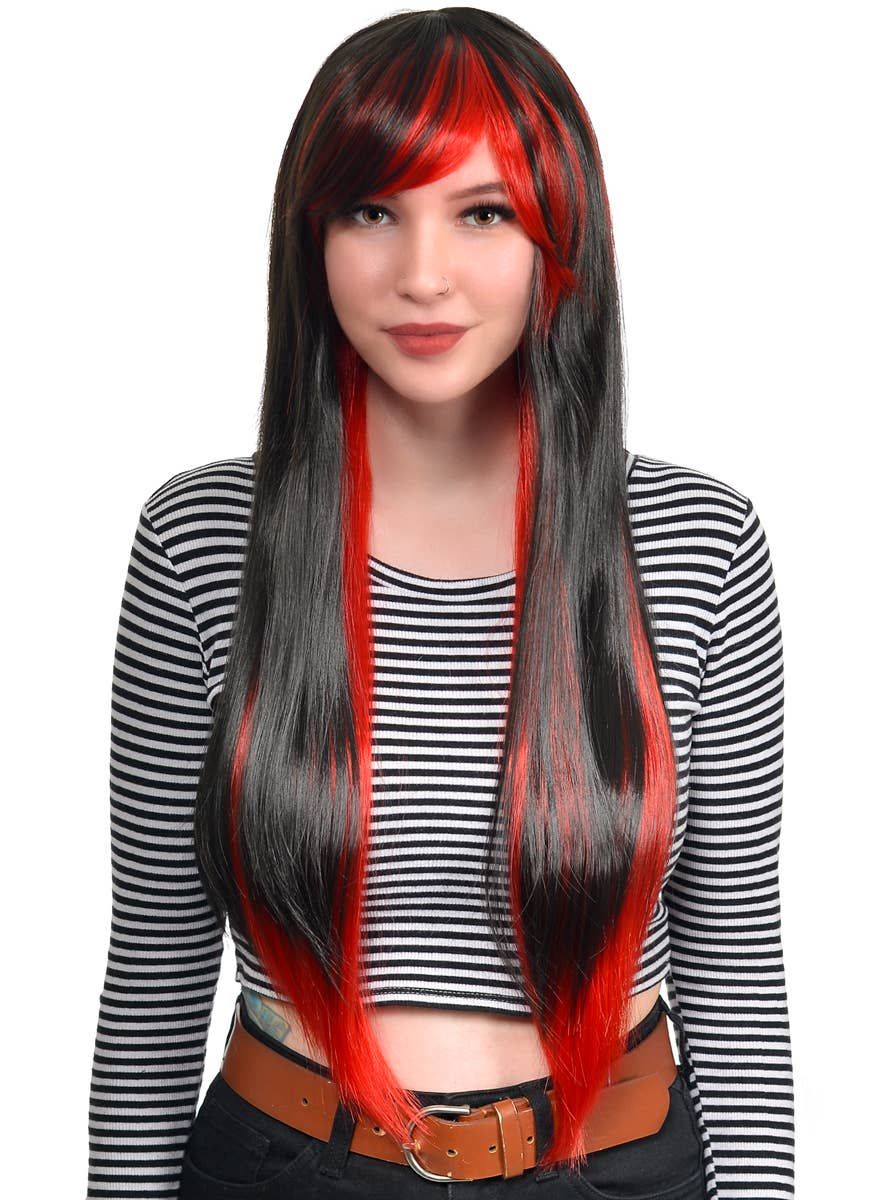 Ruby Extra Long Straight Black and Red Womens Costume Wig