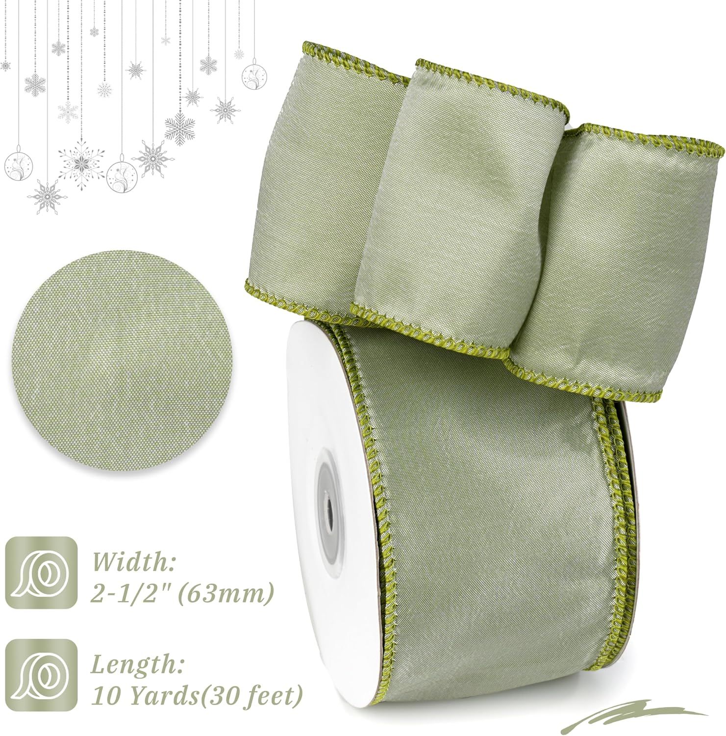 Sage Green Christmas Ribbon Wired 2.5" x 10 Yard Dusty Green Wired Ribbon for Christmas Tree Decorations, Topper Bows, Wreaths, Crafts, Home Decor — image 2