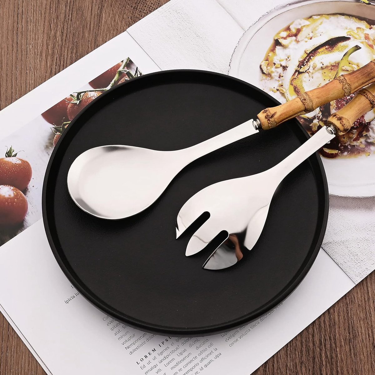 Cutlery set - including spoon and fork - made of 304 stainless steel - with natural bamboo handles, 25 cm long - suitable for kitchens, parties, buffets, etc — image 2
