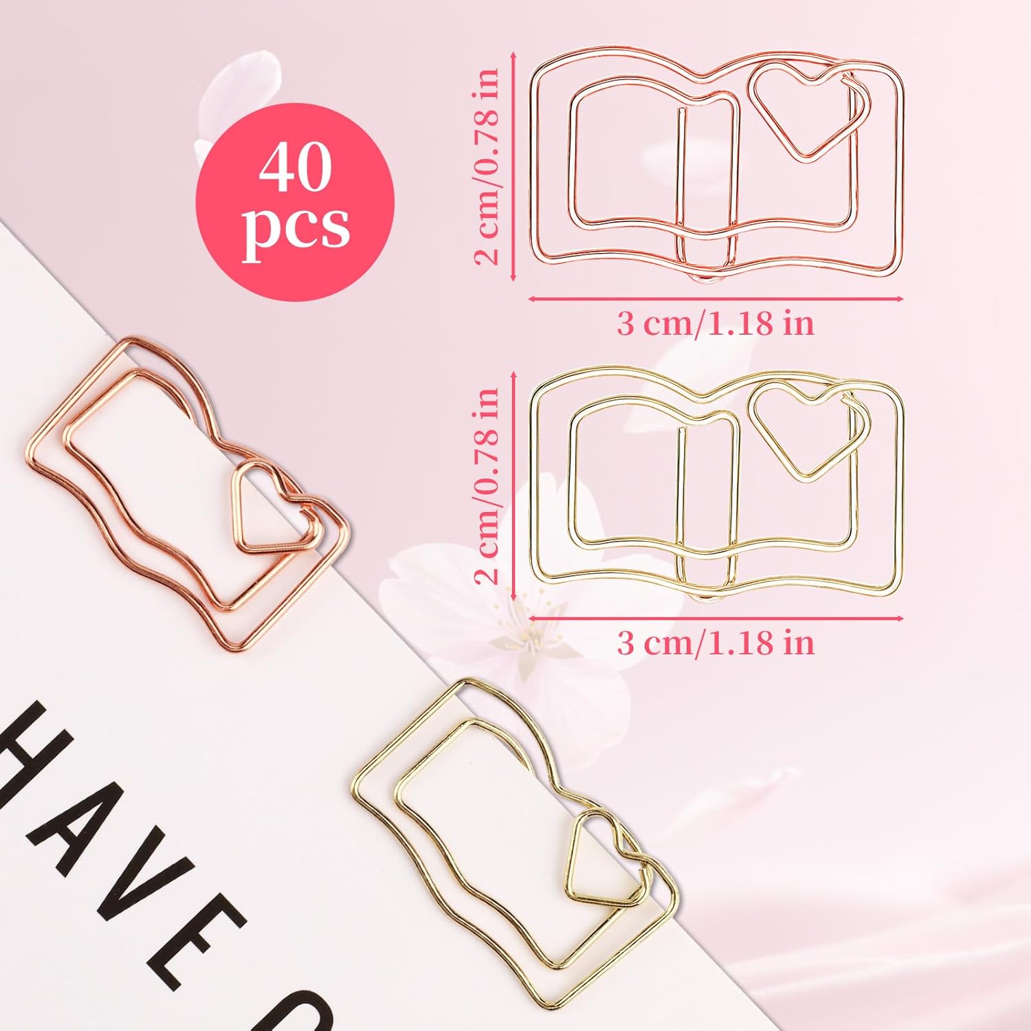 40-Pack Book-Shaped Paper Clips - Rose Gold & Gold Decorative Planner Clips Paperclips (1.18") for Office, School, Wedding, Journals - Cute Bookmark Clips for