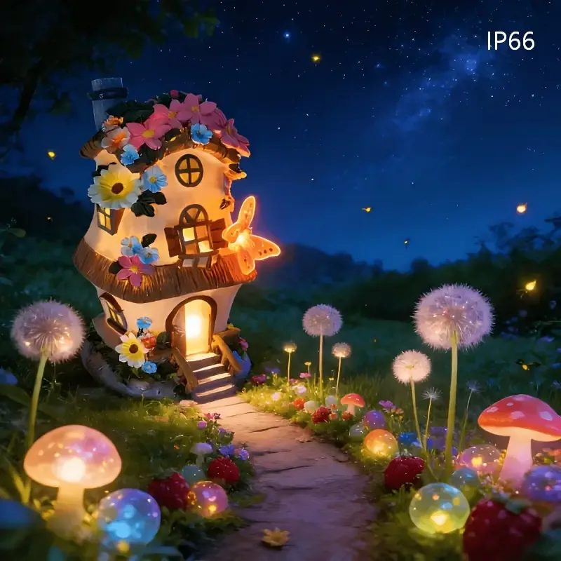 Butterfly Orange Mushroom Flower House Solar Light, resin waterproof fairytale design, automatic lighting for courtyard, garden, and lawn decoration โ image 6
