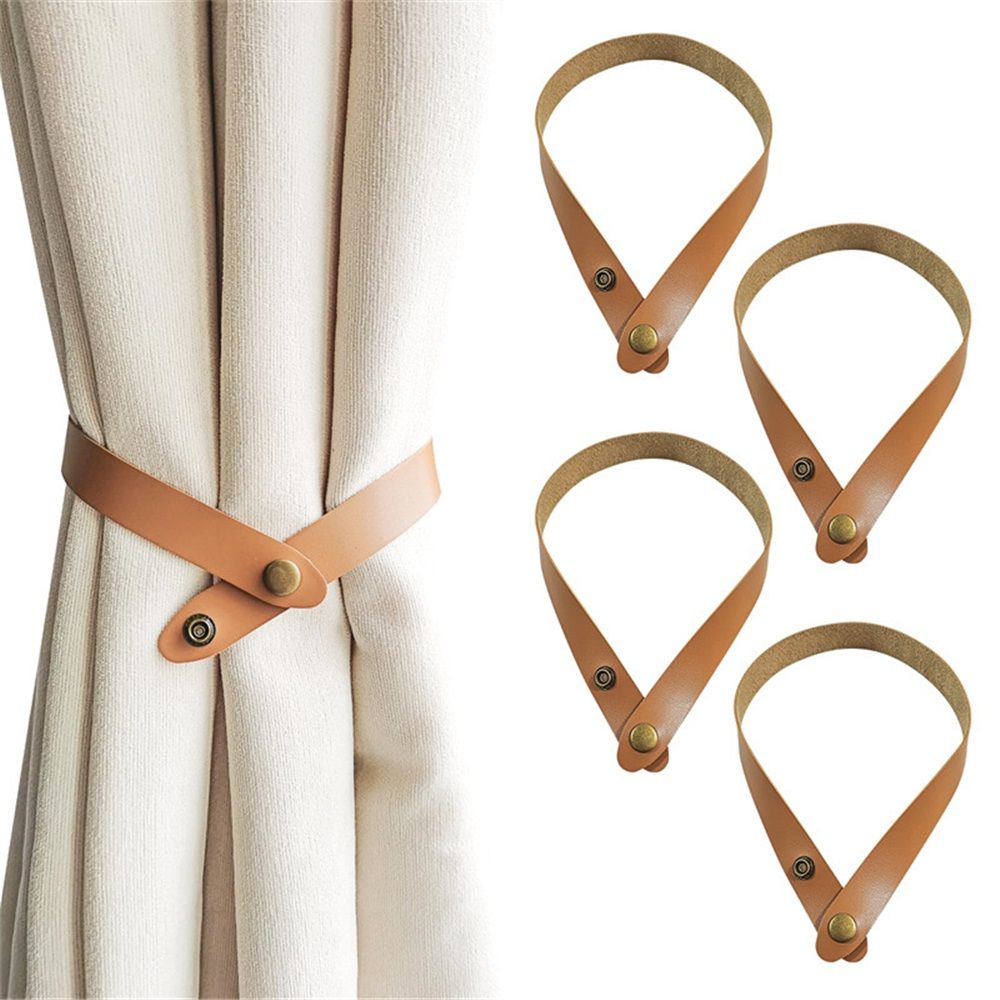 Set of 4 Leather Curtain Tiebacks, Modern Faux Leather Curtain Straps with Adjustable Buttons, No Drill Holdbacks for Bedroom, Living Room, Hotel, Office,light