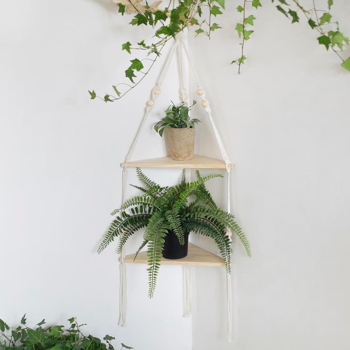 Double layer Bohemian cotton rope hand woven shelf, triangular wooden crafts, home decoration, flower pot storage(white 90*32.5cm) — image 2