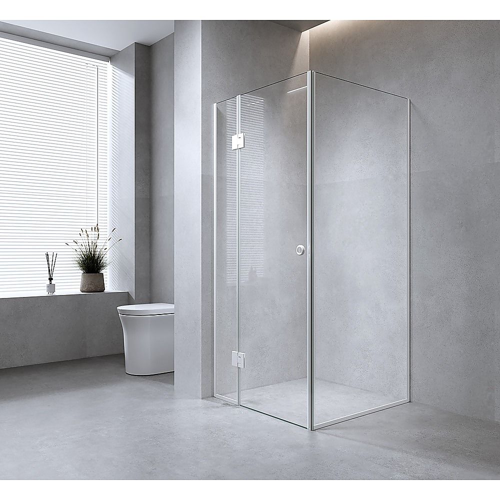 90x90cm Corner Frameless Shower Screen โ Gunmetal Wall Channel with SS Hinges for Modern Bathroom Style