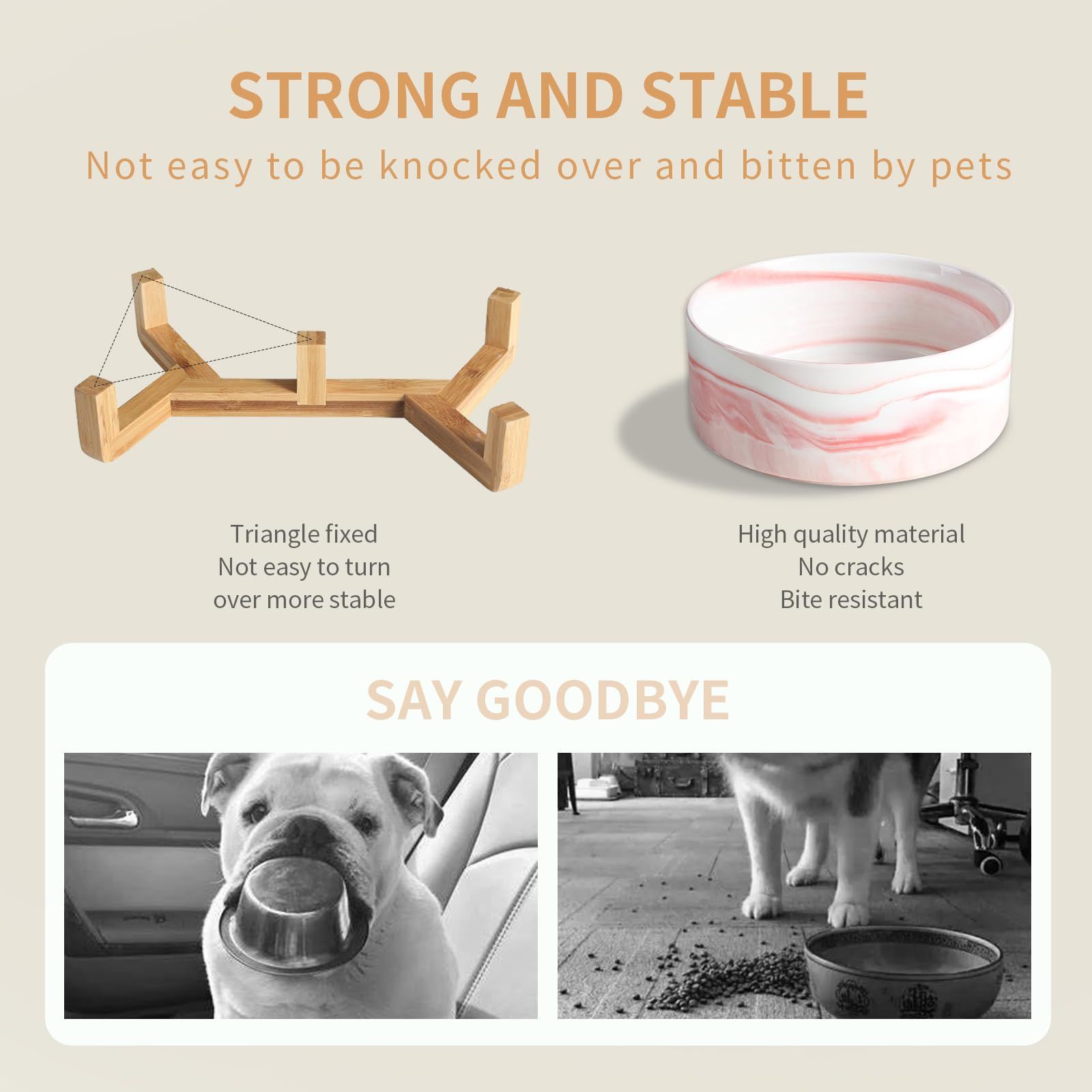 Ceramic Round Pet Feeder, 14OZ Dog Cat Bowl with Wood Stand, Durable Modern Cute Weighted Food Water Set, Double Bowls Design — image 4