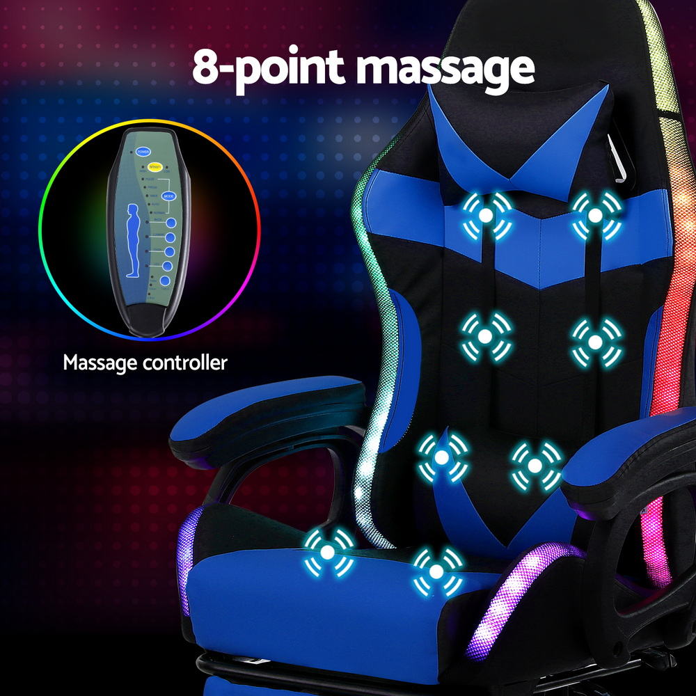 Artiss Gaming Office Chair 12 RGB LED Massage Computer Work Seat Footrest Blue — image 5