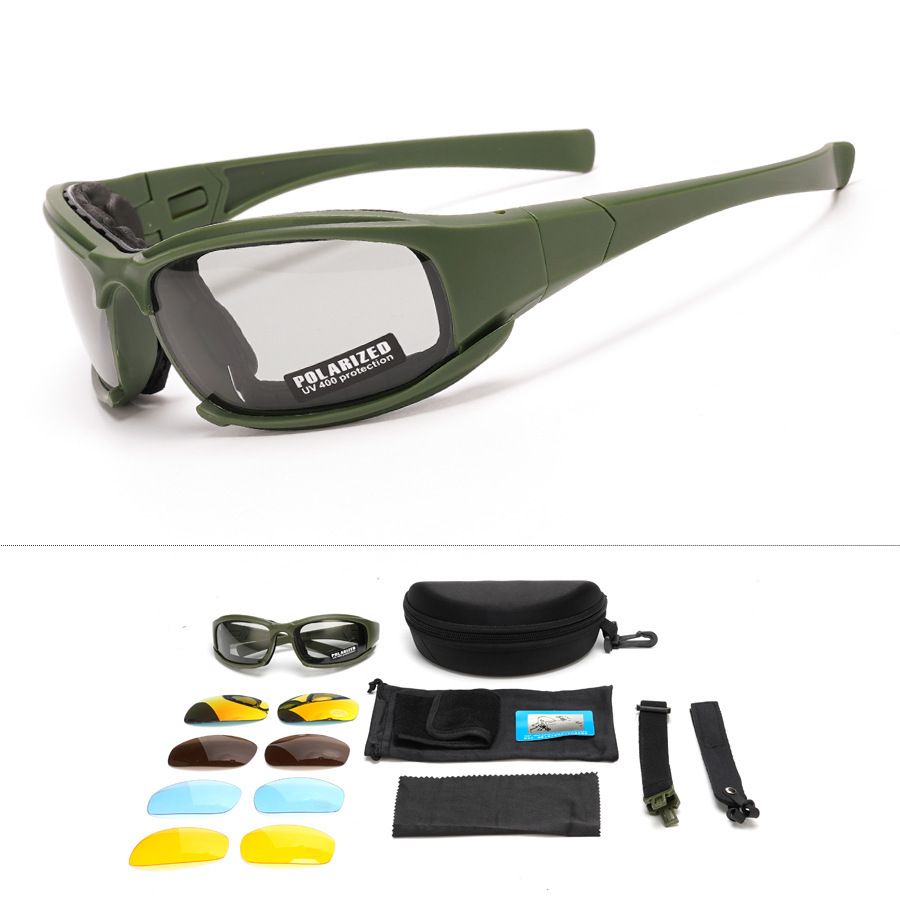 Dark Green Tactical Protection Goggles with Storage Box and Elastic Straps (Polarized & Photochromic 5-Lens Set) - Windproof, Dustproof, UV