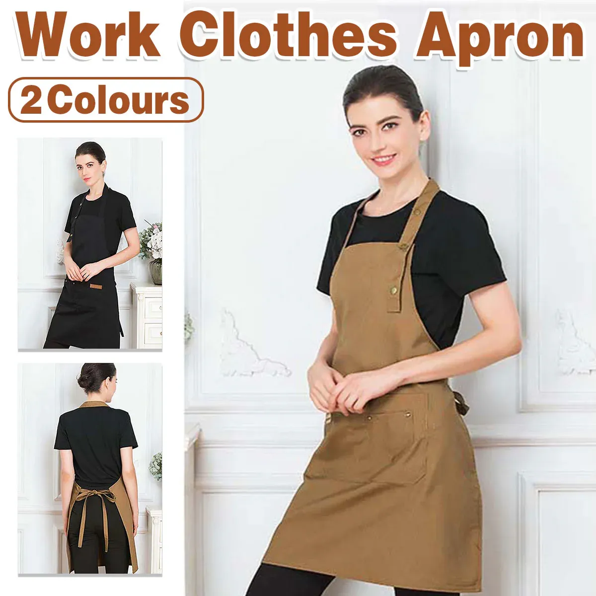 Adjustable Work Apron Neck Strap Waist Tie Kitchen Cooking Bib Apron Men Women - Brown — image 2