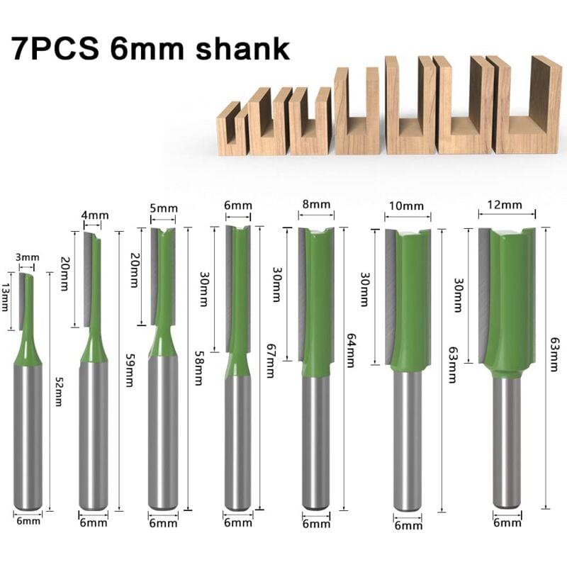 6mm Straight Router Bit Set, 7 Pieces Woodworking Carbide Straight Groove Router Bits for Wood, Compatible with Bosch, Makita — image 2