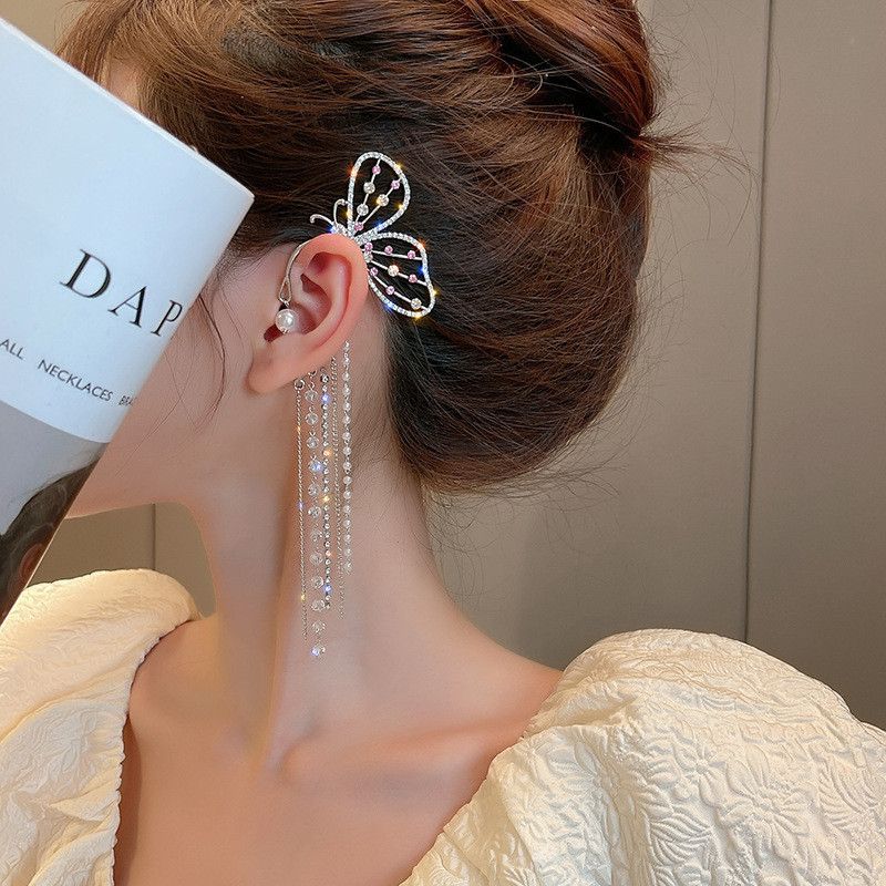 Earring for Women Elegant Clip Non Pierced Earring Long Zircon Bead Tassel Earring for Girls Ear Wrap Cuff Dangle Fairy(1 pair) — image 2