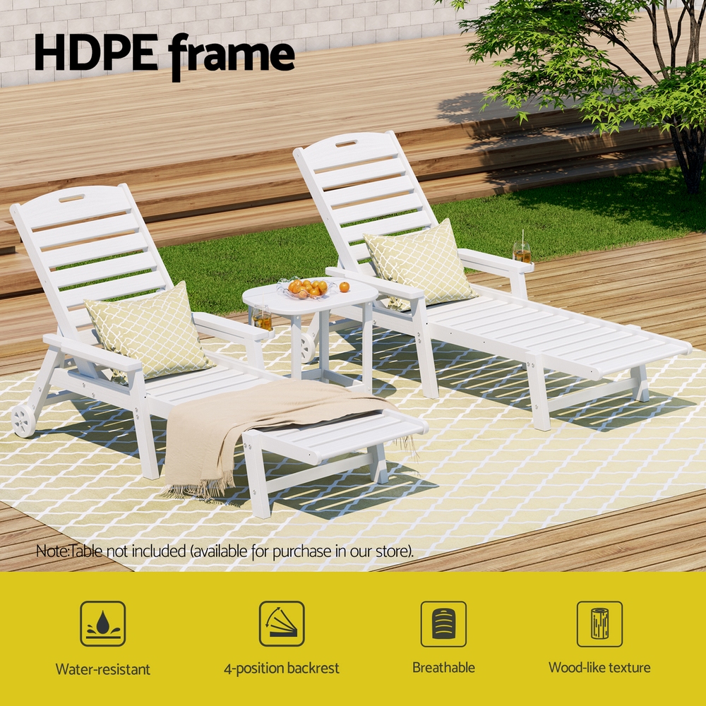 Gardeon Sun Lounge Lounger Beach Chair HDPE Patio Outdoor Furniture with Wheels White — image 4