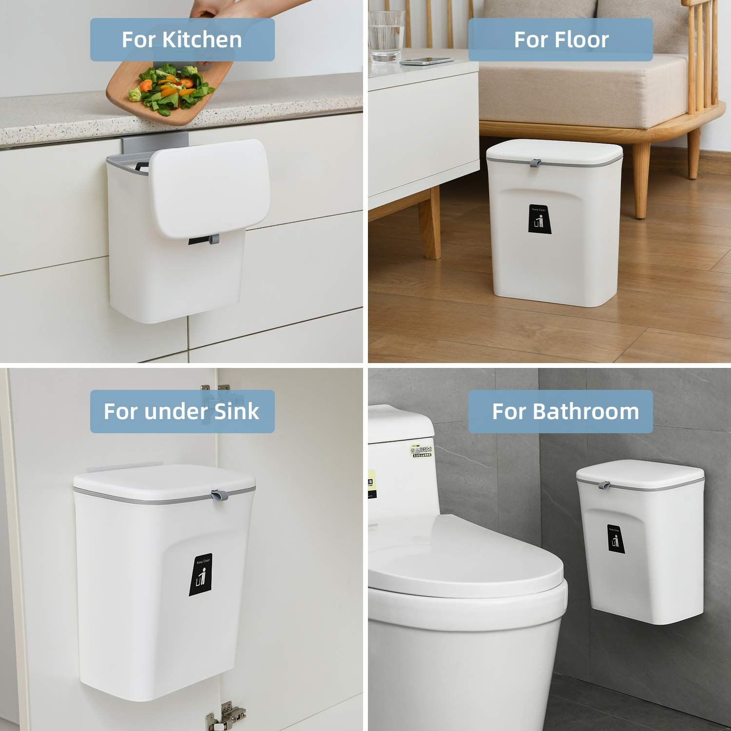 2.4 Hanging Trash Can for Kitchen Cabinet Door with Lid, Wall Mounted Counter Waste Compost Bin, Plastic (White) — image 4