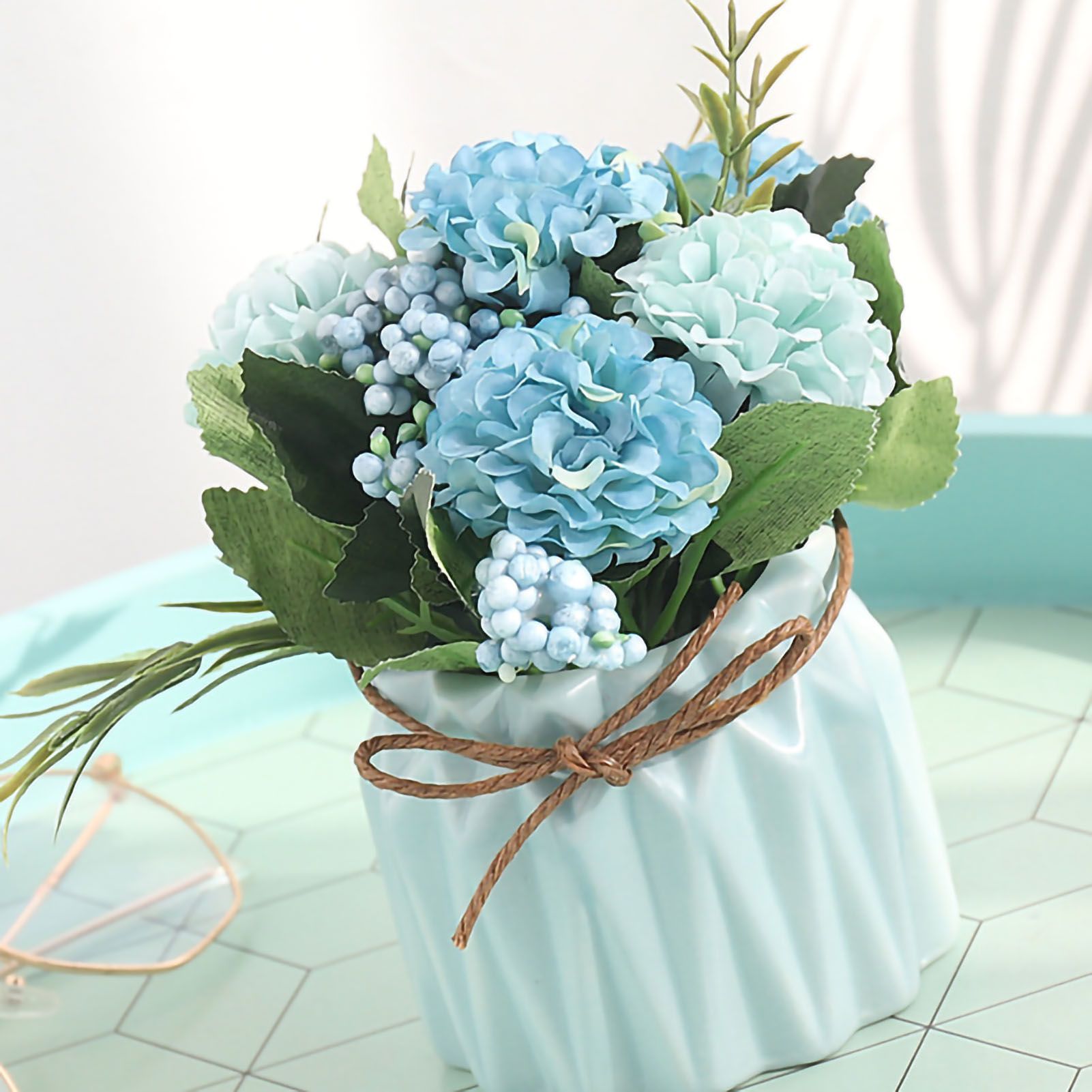 Artificial Fake Potted Flowers Bouquet Hydrangea with Vase for Dining Table Decoration Blue โ image 2