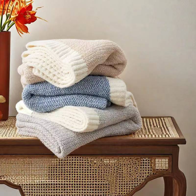 Beige and White Plush Chenille-Knit Throw Blanket - Soft Cozy Polyester for Bed & Sofa | Textured Two-Tone Design (127 × 153cm) — image 2