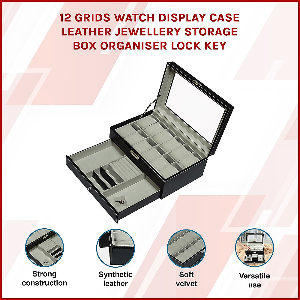 12 Grids Watch Display Case Leather jewellery Storage Box Organiser Lock Key โ image 3