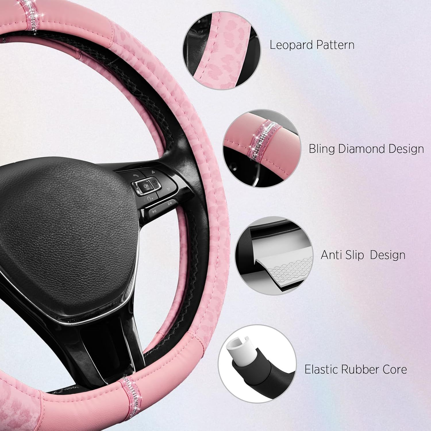 Leopard Steering Wheel Cover for Women, Cute Anti-Slip Microfiber Leather, Fits D Shape Flat Bottom Steering Wheel 14.5-15 Inch - Pink and Pink Leapoard โ image 4