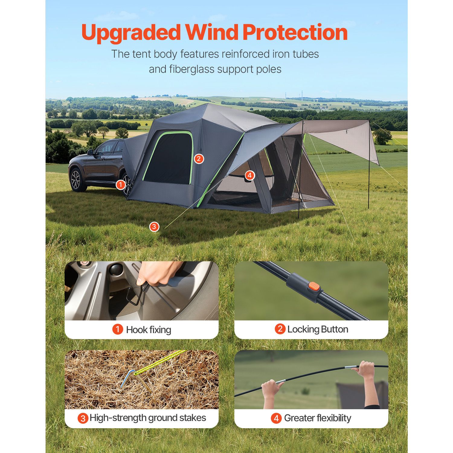 SUV Tent for Camping, 10FT L x 10FT W, Waterproof PU2000mm Spacious Double Layer Design for 5-8 Person, SUV Camping Tent with Shade Awning and Mesh Windows — image 4