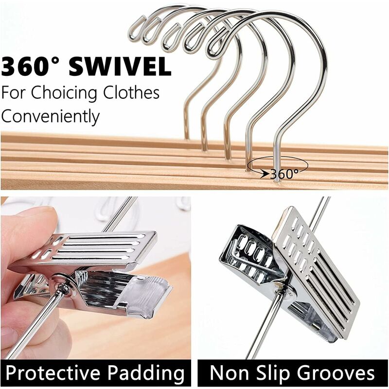 Home 10 Pack 32Cm Natural Wooden Hangers For Pants Skirts Socks Underwear Non-Slip Hangers With Clips — image 3
