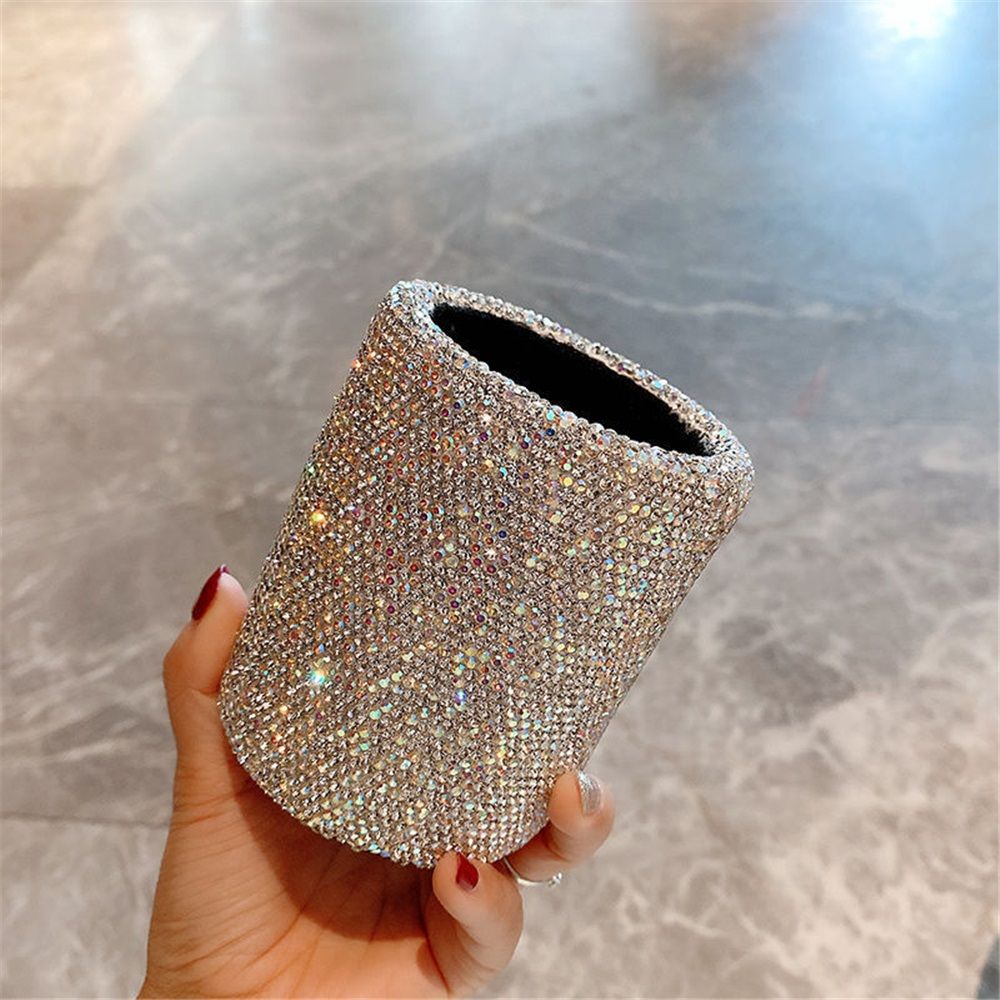 crystal Pencil Pen Pot Holder Box Bling Rhinestone Pen organizer Holder Cosmetic Pen Container Luxury diamond studded multi-purpose storage small round bucket — image 3