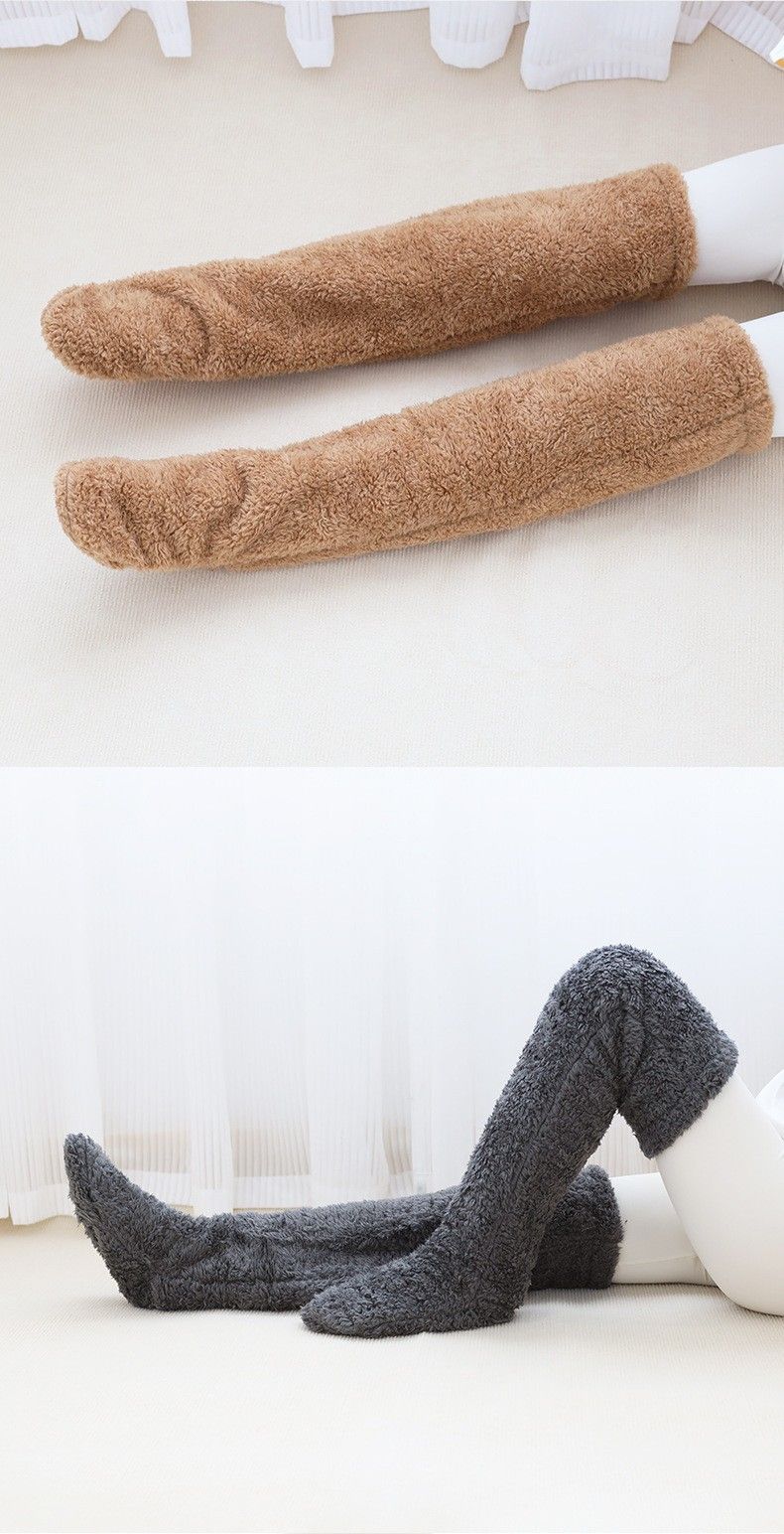 Navy Grey Over Knee High Fuzzy Plush Teddy Slipper Socks for Women, Open Toe Non-Slip Extra Long 55 cm for Warmth Indoors Outdoors, Perfect Gift for Christmas — image 2