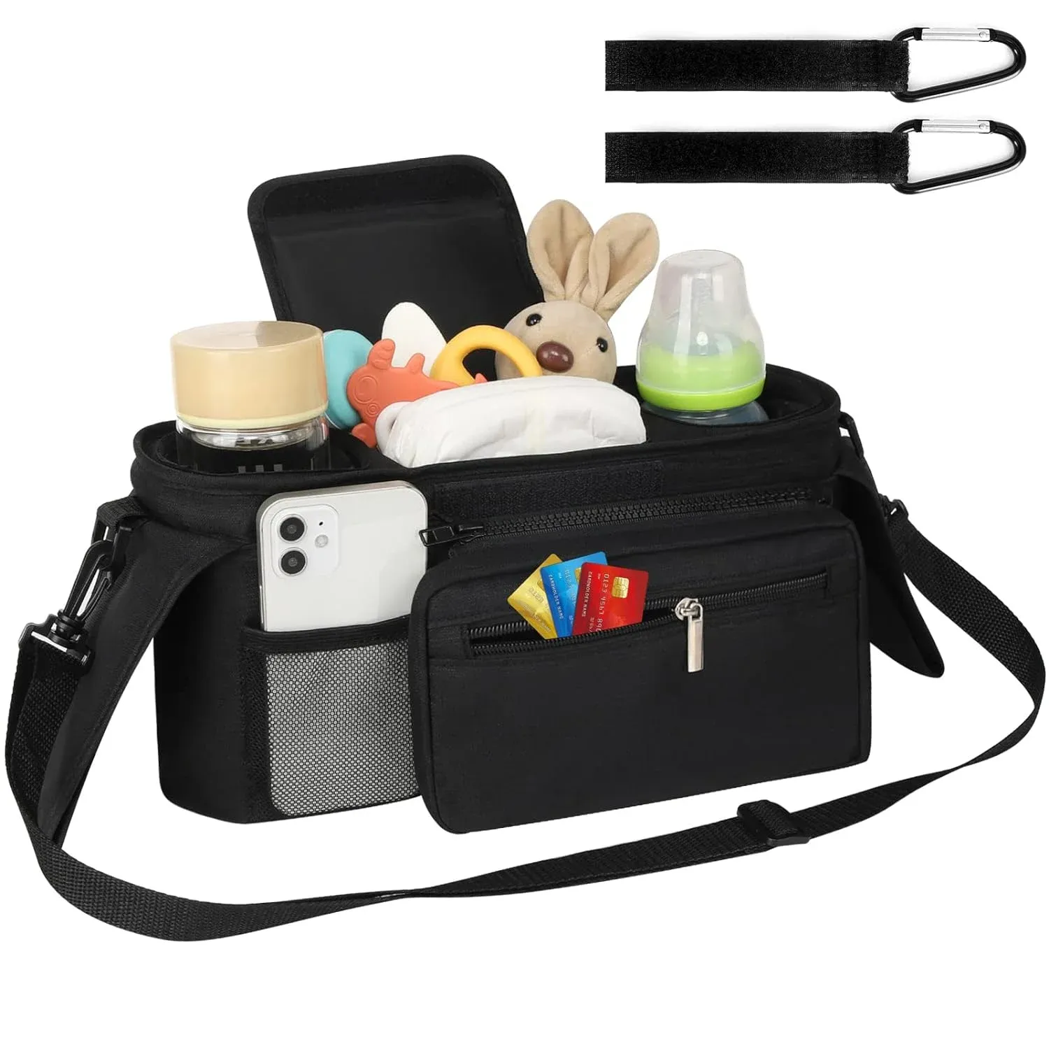 Universal Stroller Organizer, Insulated Cup Holders Detachable Phone Bag Large Storage, Black โ image 2