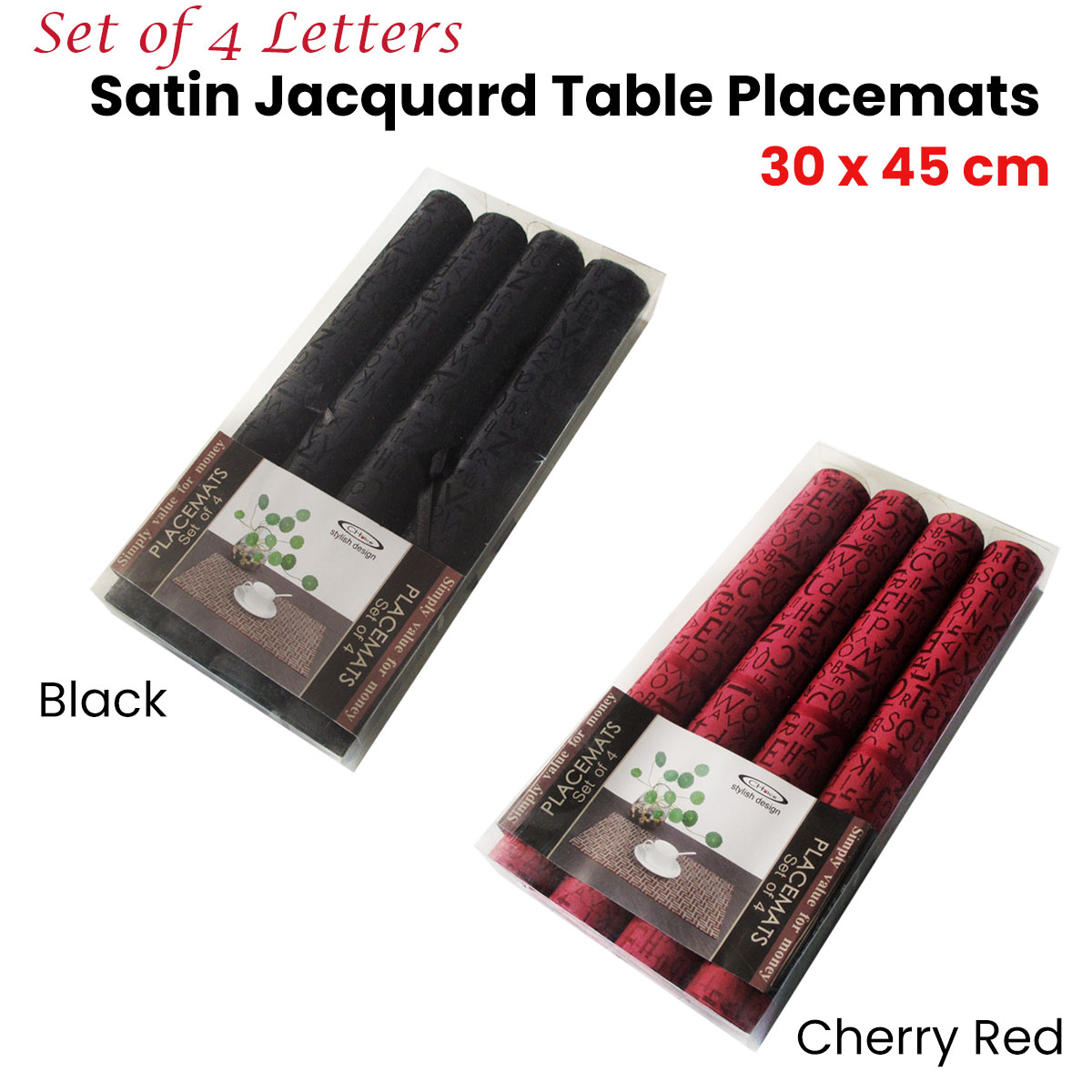 Set of 4 Jacquard Satin Letters Table Placemats Black 30 x 45cm โ image 2