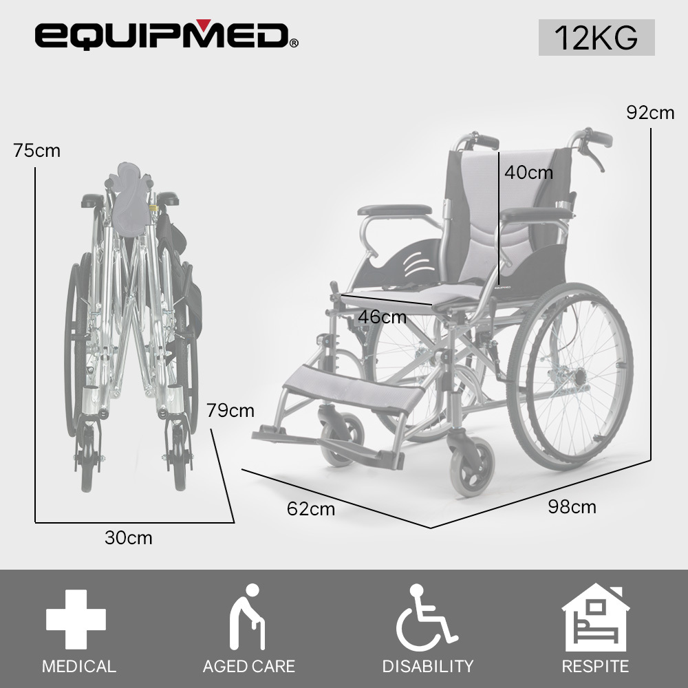 EQUIPMED Folding Aluminium Wheelchair, 20" Wheels, Park Brakes, 100kg Capacity, Grey/Black — image 2