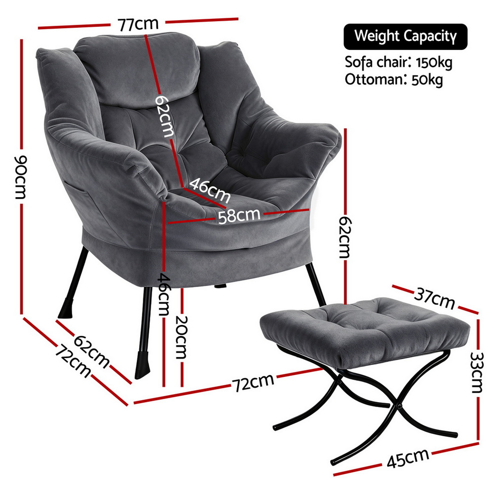 Artiss Armchair Accent Chair Ottoman Lounge Footrest Velvet Grey โ image 2