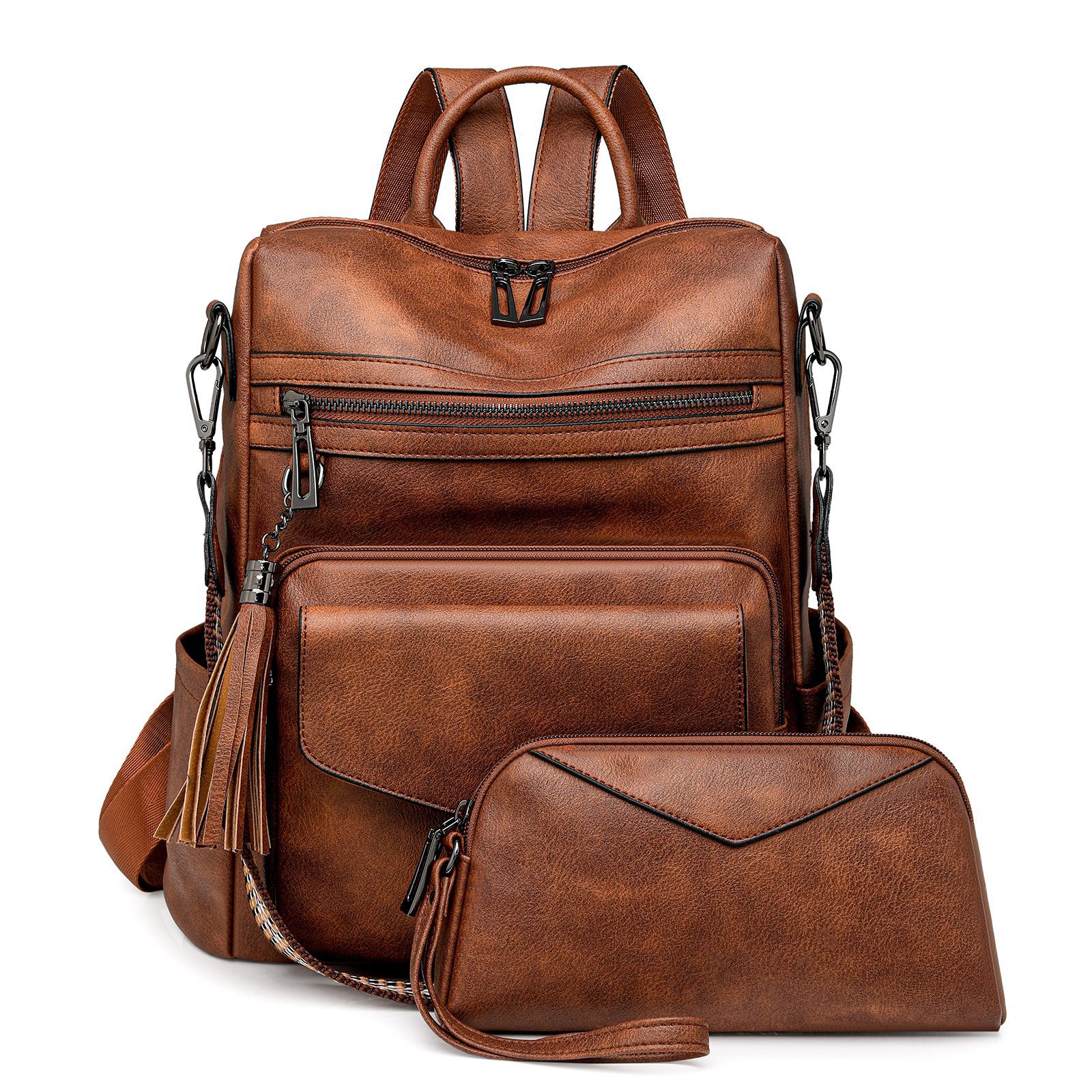 Two-color Brown Rough Women's Retro PU Leather Backpack - Dual-Color Tassel Design, Winter High-End Style